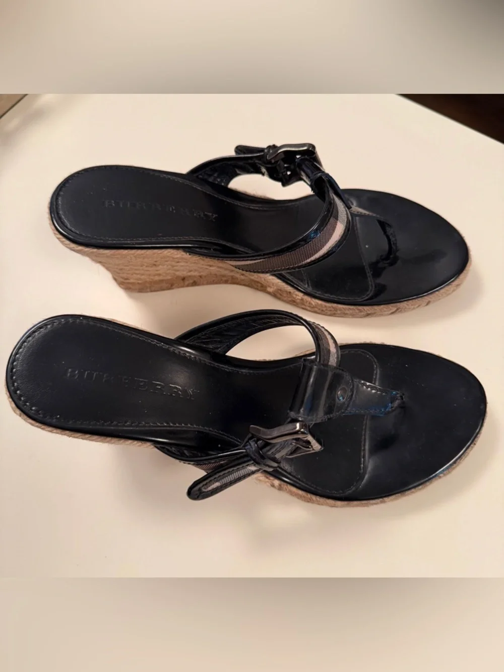 Burberry Wedge Sandals |Black Patent Leather Nova Check Strap Espadrille Size 8 - Picture 10 of 10